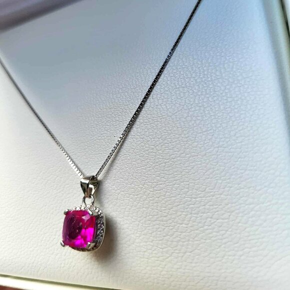 925 Sterling Silver Necklace Cushion Pink Topaz 7mm Natural Gemstone Jewelry 18 - Picture 3 of 8